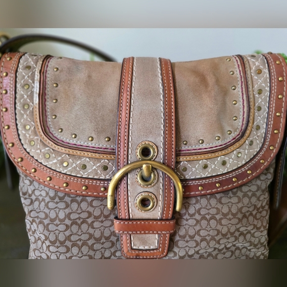 Coach SOHO 2007 Signature C Shoulder/Crossbody Brown Leather Suede Rivet Flap - Picture 13 of 16
